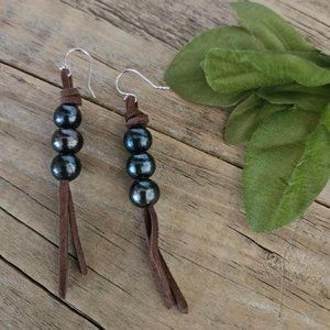 Boho Chic Freshwater Peacock Pearls Knotted on Brown Leather Suede Handmade